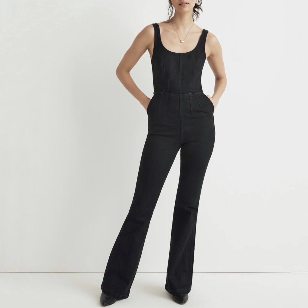 Madewell Denim Flare Leg Sleeveless Jumpsuit in Bonner Black Women’s Size 6